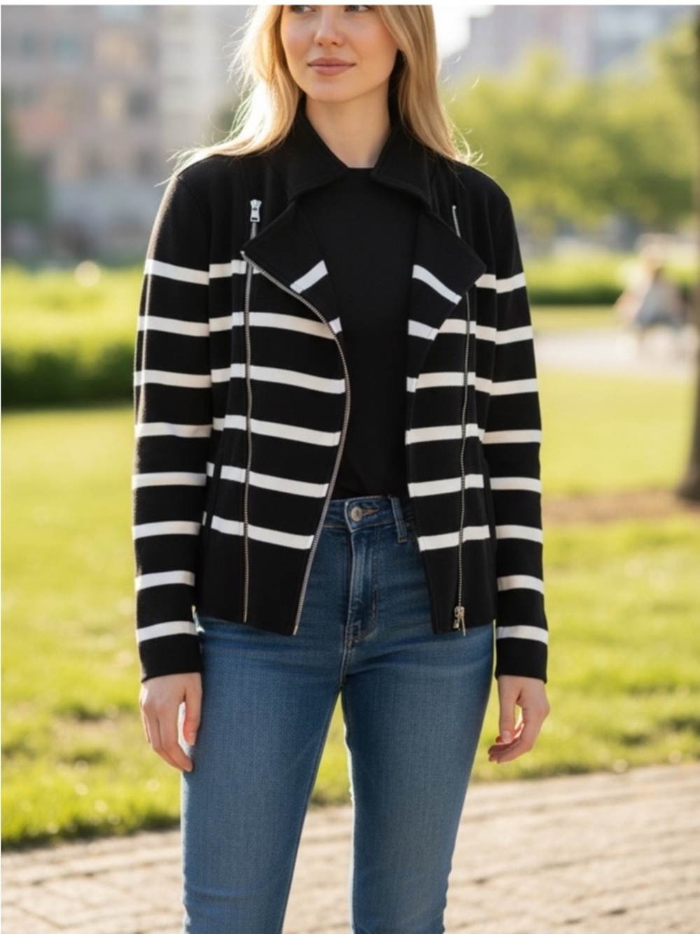 Lauren Ralph Lauren Levani Jacket Women M Black Stripe Zip Sweater Medium